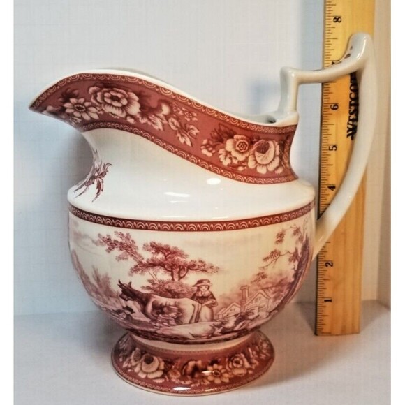 Vintage Red Toile Transfer wear Porcelain Pitcher French Farm Scene Farmhouse - Picture 1 of 9